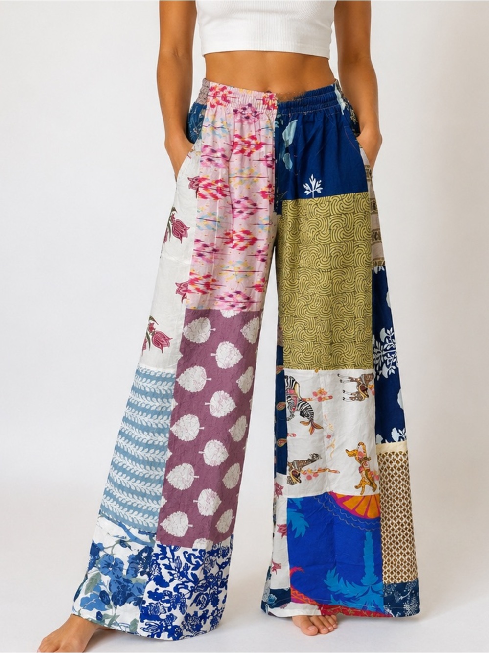 P77. POL Patchwork Wide-Leg Pants in Multi-print